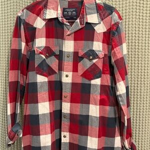 American Eagle Outfitters Red Navy White Plaid Long-Sleeve Button-Down